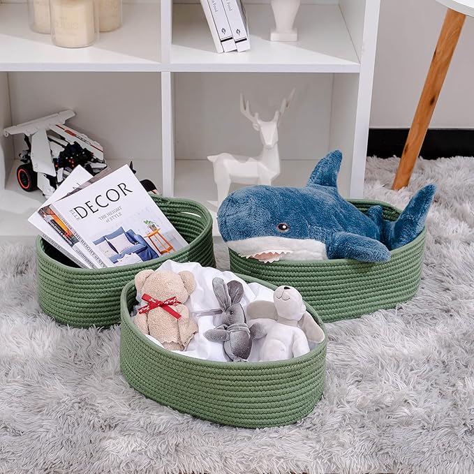 Shelf Storage Baskets for Organizing|Decorative Basket for Closet Storage|Toy Baskets&Bins|Small Woven Rope Baskets-13x8.66x5.11’’,Durable&Stylish,Oval 3 Packs Green-Ruum Studio Home