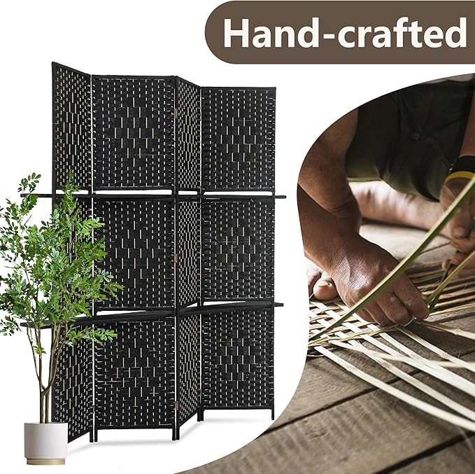 Room divider 4 panel Room Screen Divider Wooden Screen Folding Portable Partition Screen Wood with Removable Storage Shelves Color,Black-Ruum Studio Home