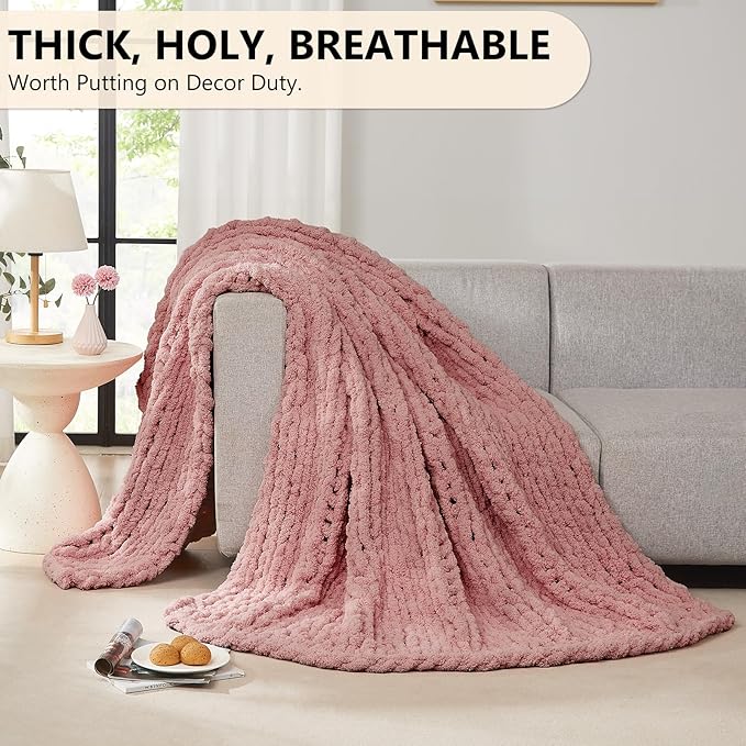 L'AGRATY Chunky Knit Blanket Throw - Soft Chunky Throw Blanket 50x60: 100% Hand Kintted Chenile Crochet Throw Blanket for Couch - Large Cable Knit Chunky Blanket for Home Decor(Rose Pink)-Ruum Studio Home