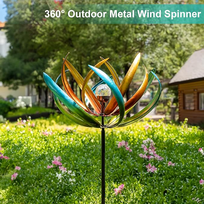 Large Solar Wind Spinners for Yard and Garden-82.6 Inch 360° Metal Wind Sculptures Outdoor Clearance Kinetic Windmills with Multi Color Led Glass Ball-Ruum Studio Home