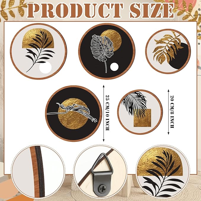 Qunclay 5 Pcs Wall Art Decor Wooden Living Room Wall Decor Bohemian Hanging Farmhouse Geometric 10'' and 8'' Aesthetic Wood Minimalist Posters for Bedroom(Rustic, Leaf)-Ruum Studio Home