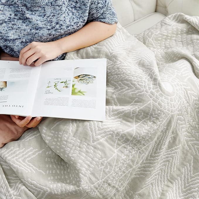 jinchan Boho 100% Cotton Muslin 50x60 Throw Blanket Lightweight 3-Layer Light Grey Blanket Washable Reversible Breathable Decorative Geometric Striped Patterned Soft Cozy for Sofa Bed All Season Gift-Ruum Studio Home