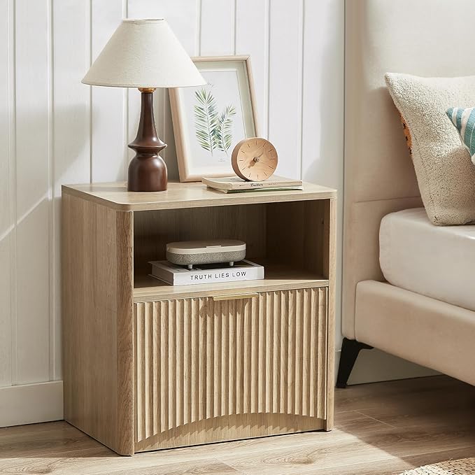 Fluted Nightstand Set of 2, Natural Oak Bedside Table with Drawer and Storage, Wood End Table Mid Century Modern, Large Night Stand for Bedroom-Ruum Studio Home