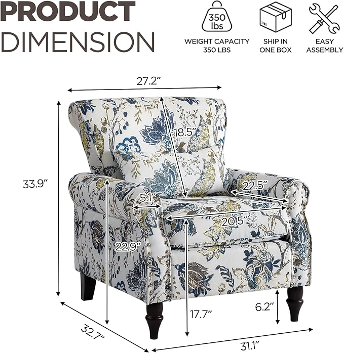 Wingback Accent Chair with Removable Pillow, High Back Floral Armchair with Solid Wood Legs & Nailhead Trim, Comfy Upholstered Reading Single Sofa Chair for Bedroom (2, Blue Floral Pattern)-Ruum Studio Home