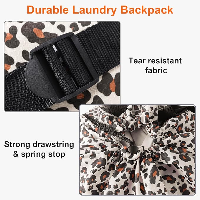 Laundry Bag Backpack Durable Laundry Bag with Shoulder Straps and Mesh Pockets Portable Laundry Dirty Clothes Hamper Bag for College Dorm (Leopard Print)-Ruum Studio Home