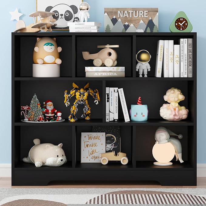 Book Shelf, 8 Cubes Storage Organizer, Freestanding Black Bookshelf Cube Shelf for Bedroom, Living Room, Home Office, 3-Tier Open Shelf Wooden Bookcase-Ruum Studio Home