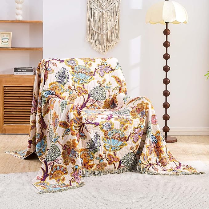 Boho Throw Blanket for Bed, 100% Cotton Soft Rustic Quilt Fall Blanket, 80"x90" Floral Printed Farmhouse Decor Bed Blankets, All Season Rustic Reversible Bohemian Throw Quilt-Ruum Studio Home