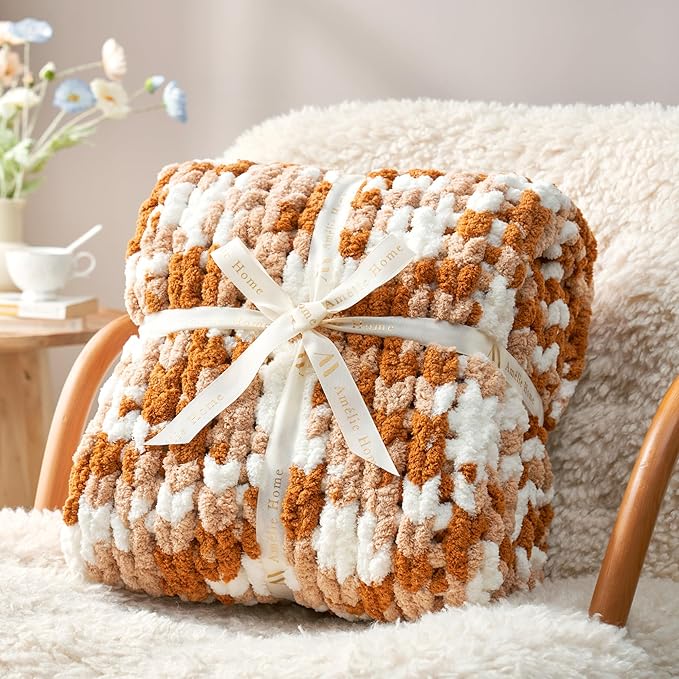 Amélie Home Chunky Knit Throw Blanket for Couch, Soft Chenille Crochet Blanket for Sofa, 50"x60", Space-Dyed Burnt Orange-Ruum Studio Home