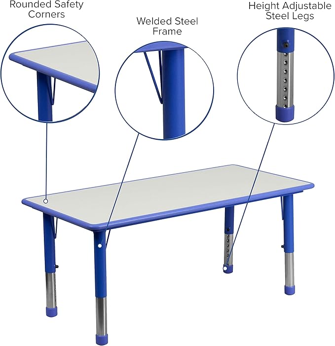 Flash Furniture Wren 23.625''W x 47.25''L Rectangular Blue Plastic Height Adjustable Activity Tables with Grey Tops, Set of 3-Ruum Studio Home