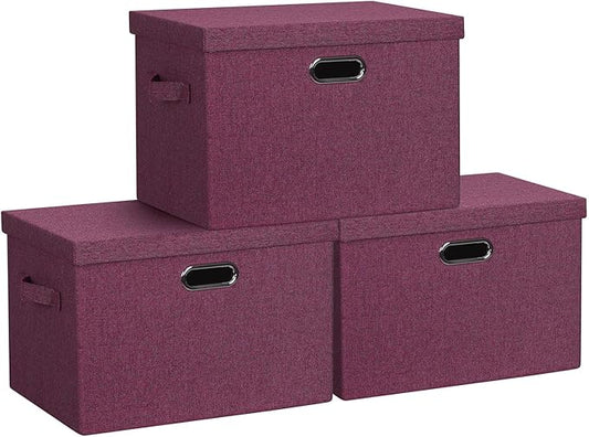 Large 17" 36 Quart Collapsible Stackable Storage Bins with Lids, 3 Packs Purple Linen Fabric Closet Boxes with Lids, Storage Cube Baskets Container Organizers for Bedroom Office (17x12x11)-Ruum Studio Home
