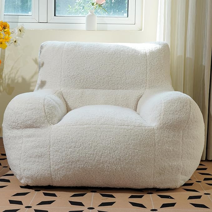 Giant Bean Bag Chair, Lambswool Bean Bag Chair for Adults, Eco-Friendly Filling Soft Bean Bag, White Been Bag for Bedroom, Living Room-Ruum Studio Home