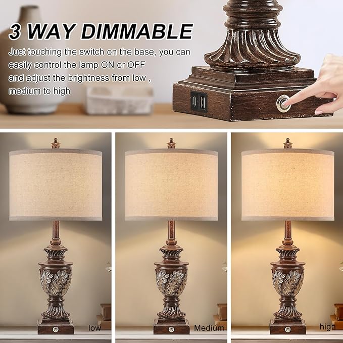 Farmhouse 3-Way Dimmable Touch Table Lamp Set of 2 for Bedroom Living Room with USB A+C Charging Ports 27.75" Tall Rustic Traditional Nightstand Bedside Lamps Brown End Table Lamp (2 Bulbs Included)-Ruum Studio Home