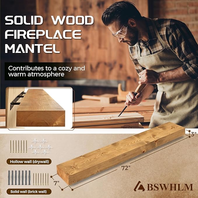 72x7x3 Fireplace Mantel - Solid Rustic Wood - Wall Mounted Floating Shelf with Invisible Heavy Duty Steel Bracket (Natural Wood)-Ruum Studio Home