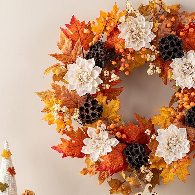Glitzhome 24" D Fall Sorghum Wreath with Metal Hanger, Harvest Wreath for Front Door, Fall Door Wreaths for Indoor Outdoor Thanksgiving Harvest Holiday Decorations-Ruum Studio Home
