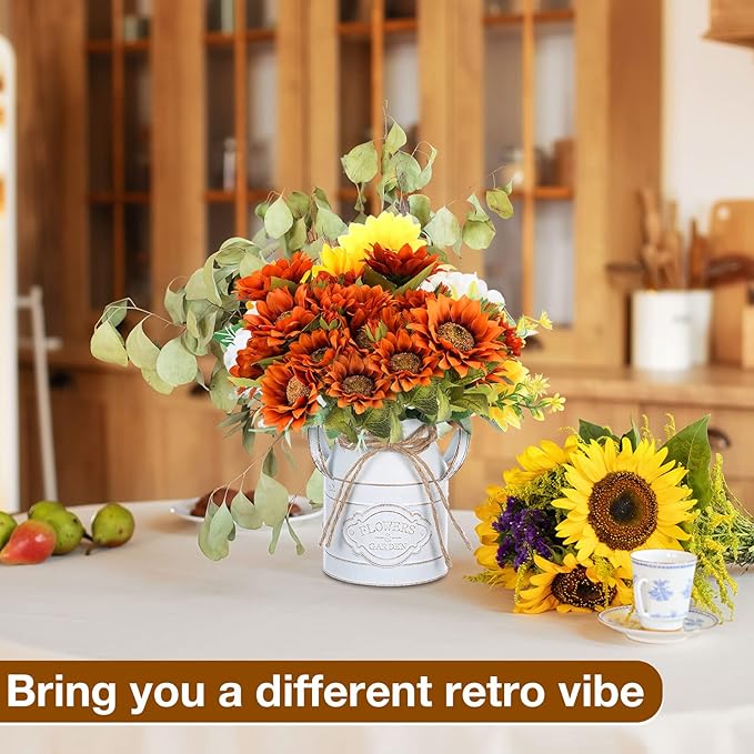 6 Inch Farmhouse Vase Decor Milk Can Vintage Flower Jug Galvanized Metal Vase with Handle Rustic Flower Buckets for Thanksgiving Christmas Table Centerpiece Weddings Gifts(Retro White,4 Pcs)-Ruum Studio Home