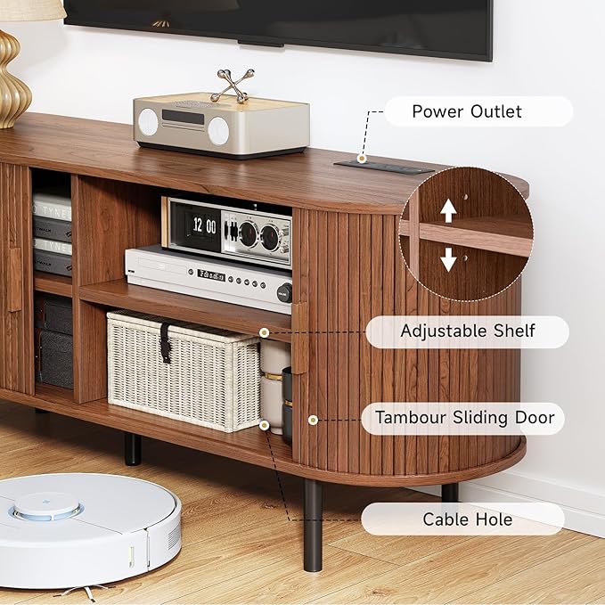 63" TV Stand with Power Outlet, Modern Media Console with Sliding Doors, Entertainment Center for TVs up to 60 Inch, Adjustable Shelves, Walnut-Ruum Studio Home