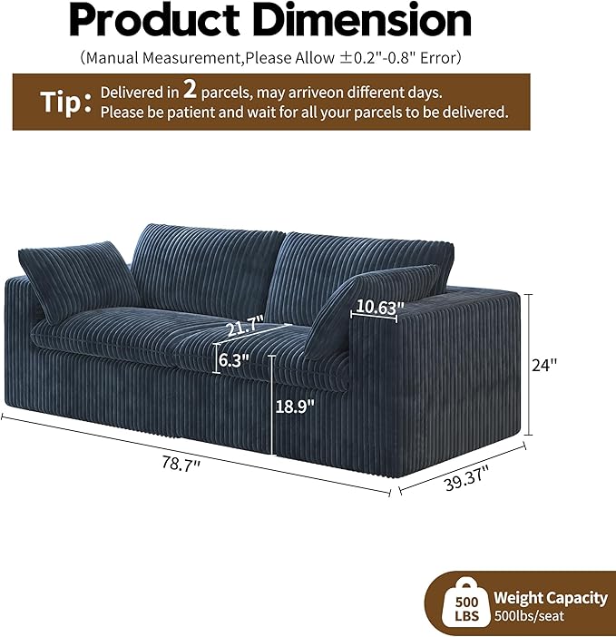78.74" LoveSeat Cloud Sofa,Modular Sectional Couch,Modern Deep Seat Upholstered Couches with Plush Corduroy Fabric for Living Room Furniture,Bedroom and Apartment,No Assembly Required,Blue-Ruum Studio Home