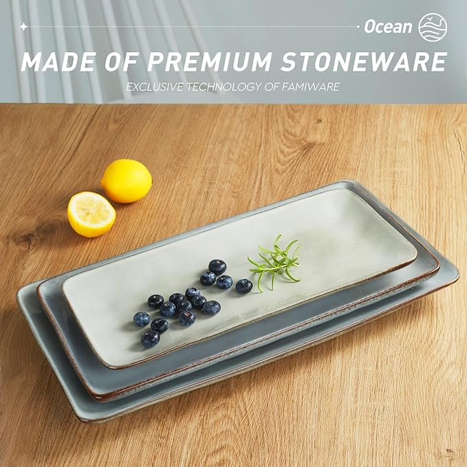 famiware Serving Platter, Rectangular 15.67/14.1/12.6inch Serving Dishes for Entertaining, Reactive Glaze, Stoneware Serving Trays for Party, Food, Turkey, Snack, Cheese, Ocean Series, Grey-Ruum Studio Home