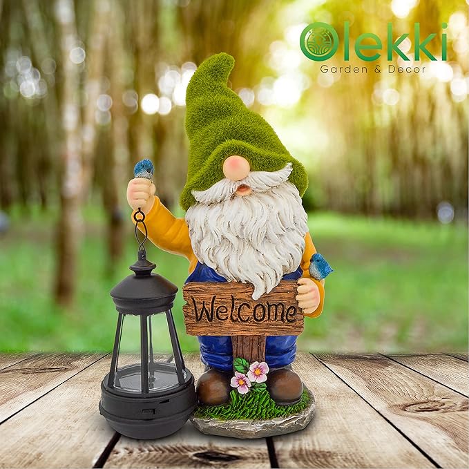 Garden Gnomes Outdoor - Flocked Gnome Statue Holding Lantern with Solar LED Lights | Gnomes Garden Decorations for Patio, Yard, Lawn Ornaments - Gnome Gifts-Ruum Studio Home