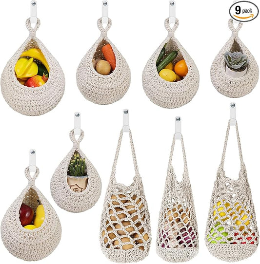 AARAINBOW Boho Wall Hanging Baskets for Kitchen Storage, Fruit Woven Wall Basket 9 Pcs, Hanging Vegetable and Onion Storage with 24 Hooks （White）-Ruum Studio Home