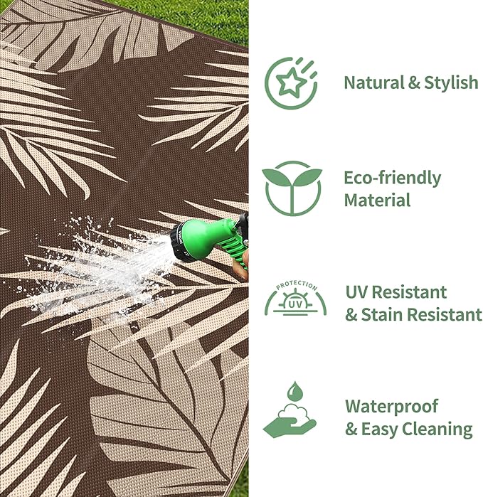 GENIMO Outdoor Rug 10' x 14' Waterproof for Patios Clearance, Reversible Outdoor Plastic Straw Camping Rug Carpet, Large Area Rugs Mats for RV, Camper, Deck, Balcony, Porch, Beach, Coffee&Beige-Ruum Studio Home