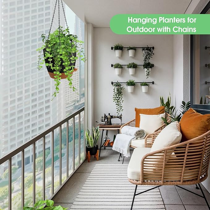 Hanging Planters for Indoor Outdoor Plants, 2 Pack Self Watering Hanging Pot with Drainage Holes, Removable Tray & 2 Kinds of Plant Hangers, 8'' Hanging Flower Pots for Home Garden Decor, Black-Ruum Studio Home