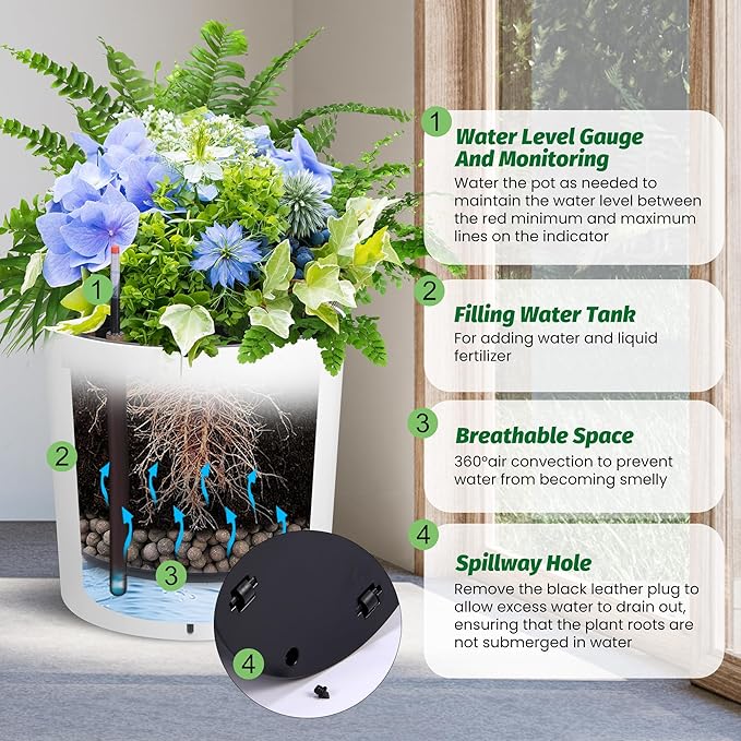 Tall Round Planter Set of 2, 19.5‘’ H x 19.9" Dia Large Planters for Indoor Plants with Built-in Drainage and a Water Level Monitor and Wheels for Patio, Porch, Living Room, or Home Office, White-Ruum Studio Home