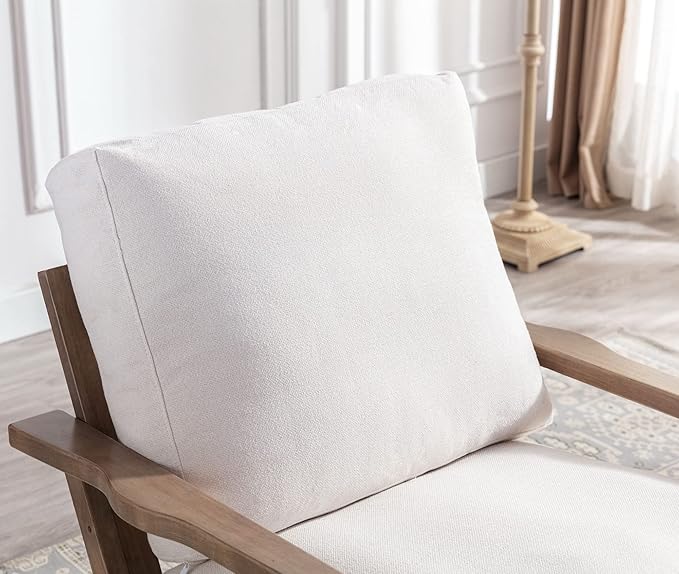 Wahson Mid Century Chair, Upholstered Accent Armchair, with Wood Frame and Removable Linen Cushions, Leisure Slipper Chair for Living Room/Bedroom, Cream-Ruum Studio Home