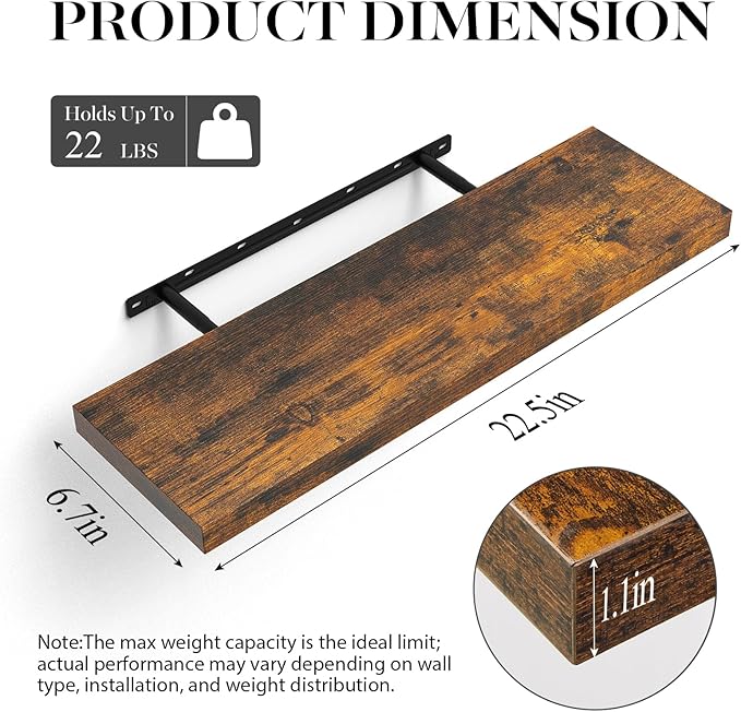 BAYKA Floating Shelves Set of 2, 22.5" Rustic Wood Wall Mounted Shelves for Bedroom, Living Room, Kitchen & Office, Hanging Display Shelf with 22 lbs Capacity (Rustic Brown)-Ruum Studio Home