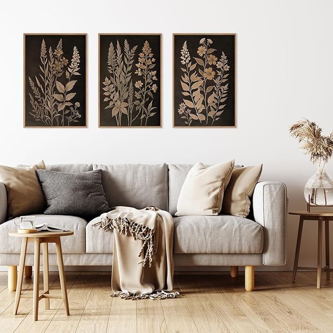HLNIUC Vintage Botanical Fern Framed Canvas Wall Art Set,Black and Tan Plant Leaf Wall Decor,Netural Minimalist Herb Floral Art Print,Modern Farmhouse Wall Painting for Living Room,Bedroom - 16”x24”x3-Ruum Studio Home
