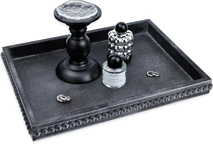 Rectangle Wood Serving Tray with Beads, Black Washed Wooden Decorative Tray for Entertaining, Decoration, and Gifting-Ruum Studio Home