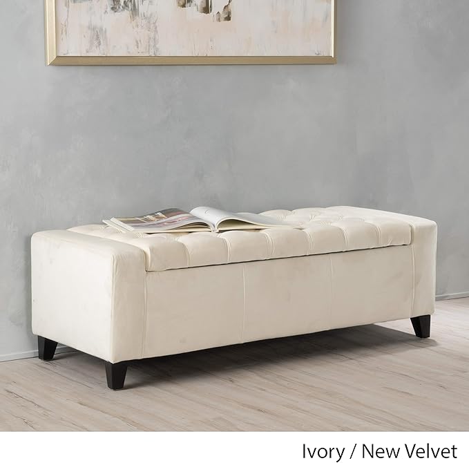 Christopher Knight Home Hikaru Velvet Storage Ottoman, Ivory 19.75”D x 50.00”W x 17.48”H-Ruum Studio Home