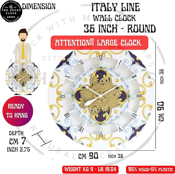 The Gears Clock Wall Clock Italy Collection with Moving Gears (Furore, 36 inch Round)-Ruum Studio Home