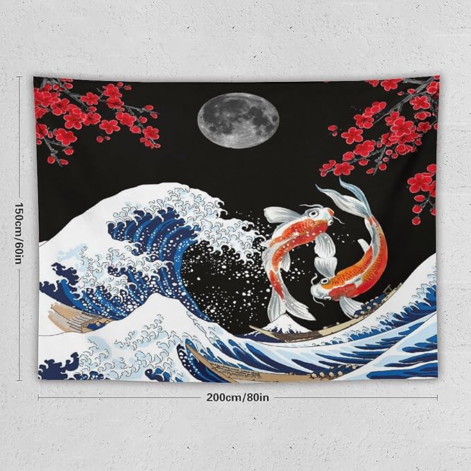 Houselerax Japanese Koi Fish Tapestry, Yin Yang Big Wave Red Cherry Blossom Tapestries Wall Hanging for Bedroom Living Room Office Decor 80"x60"-Ruum Studio Home