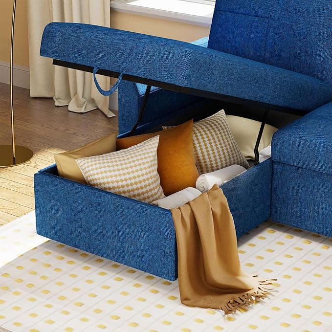 VanAcc Sleeper Sofa - 2 in 1 Pull Out Couch Bed with Storage Chaise for Living Room, Linen Blue-Ruum Studio Home