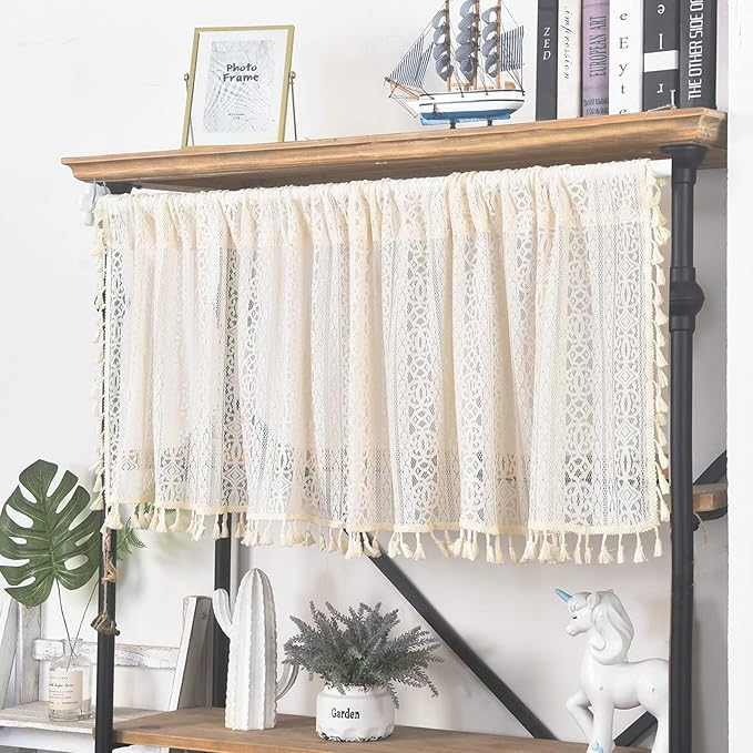 Sutuo Home Boho Sheer Curtain Valance Crochet Lace with Bohemian Hollow Knitted Handmade Tassels, Short Rustic Window Treatment for Kitchen Cafe, Rod Pocket, 1 Panel 59" W x 18" L, Beige-Ruum Studio Home
