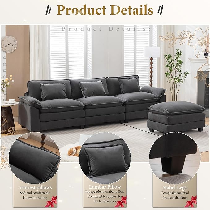 URRED Modular Sectional Sofa Comfy Cloud Couch, Modern Velvet Sofa Sleeper Deep Seat Couches with Ottoman/Pillows for Living Room (Dark Gray, 117''- L Shape)-Ruum Studio Home