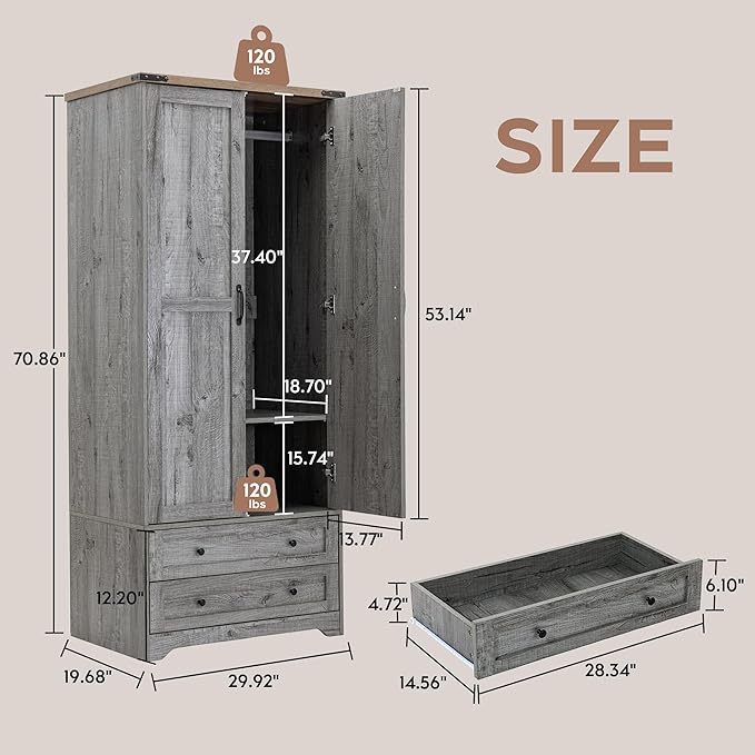 Brafab Armoire Wardrobe Closet with 2 Modern Doors, 71" Tall Freestanding Closet Wardrobe Cabinet with Drawers and Hanging Rail, Light Wooden Storage Cabinet with Shelve for Bedroom (Grey, 4 Doors)-Ruum Studio Home