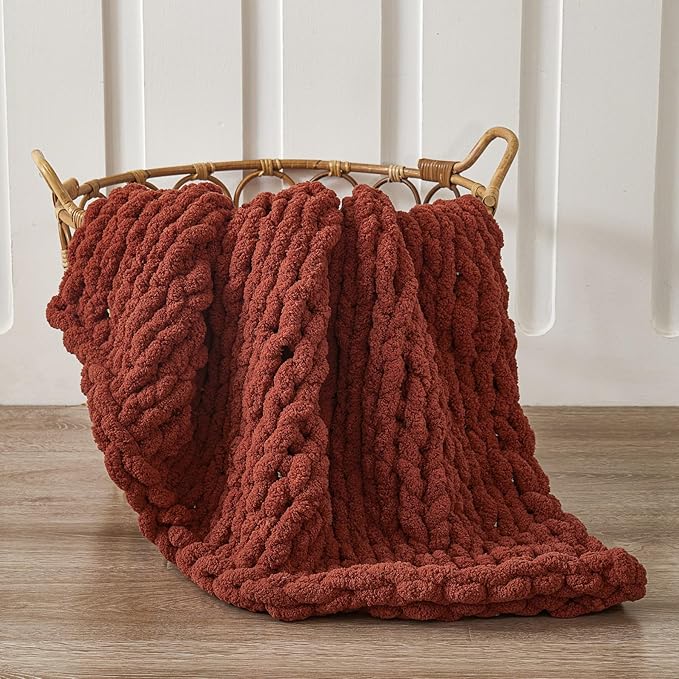 WESHIONGOO Chunky Knit Blanket Throw 40"*40“ Knitted Throw Blankets for Couch Bed Fluffy Soft Blanket with Jumbo Chenille Yarn Thick 100% Handmade(Ｒｕｓｔ)-Ruum Studio Home