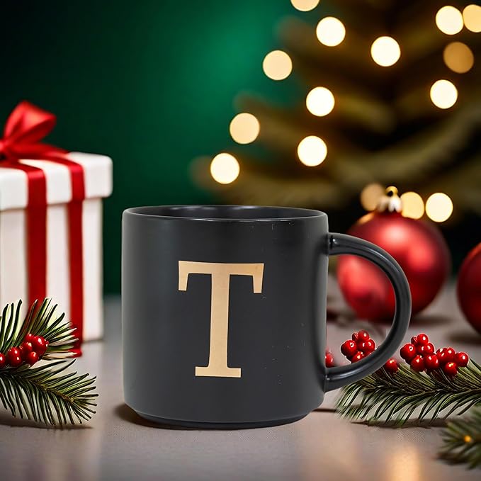COLLECTIVE HOME - Monogram Ceramic Mugs, 15 oz Golden Initial Black Coffee Cups, Elegant Alphabet Tea Mugs, Elegant Personalized Mug with Gift Box, Unique Mug with Double Side Capital Lette (T)-Ruum Studio Home
