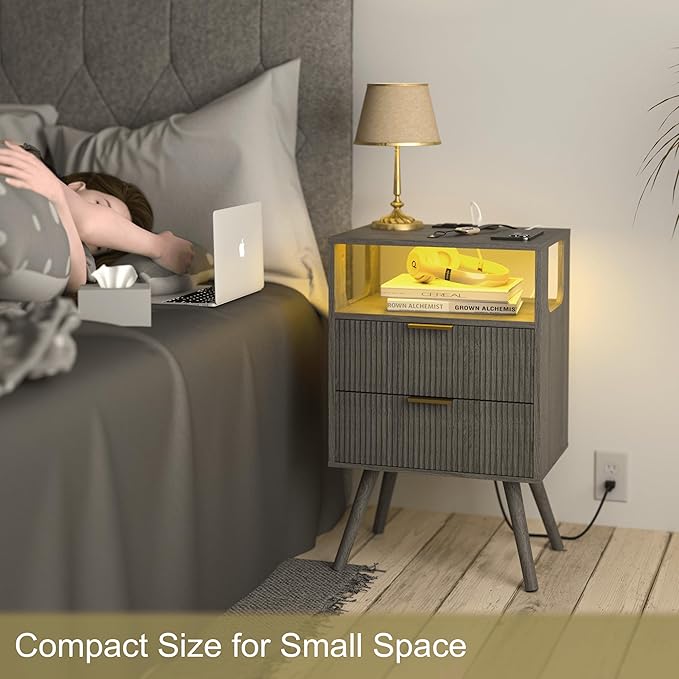 Nightstand with Charging Station and LED Lights,Modern Bedside Table with 2 Storage Drawer and Open Wood Shelf, for Bedroom and Small Spaces,Night Stand with Solid Wood Legs,GreyOak-Ruum Studio Home
