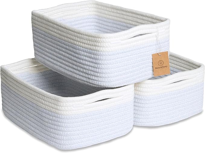 NaturalCozy 11.8"x8"x4.5” Rectangle Storage Baskets for Shelves 3 Pack | Cotton Rope Woven Small Baskets for Organizing | Small Storage Bins for Nursery, Bathroom, Closet, Shelf, Decorative, Gift-Ruum Studio Home