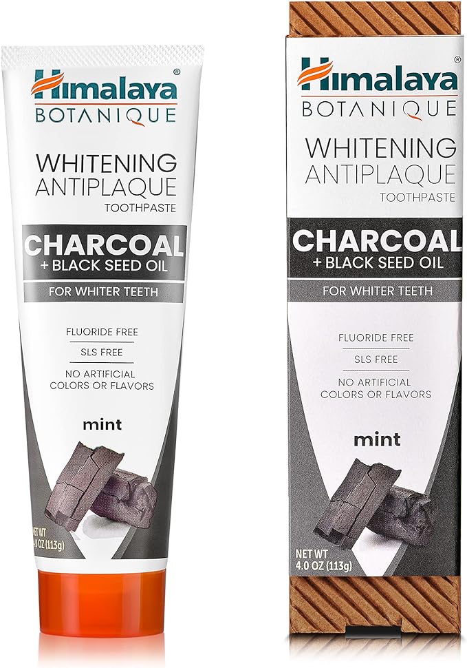 Himalaya Botanique Whitening Antiplaque Toothpaste with Charcoal + Black Seed Oil, Fluoride Free, for Whiter Teeth, 4 oz, 4 Pack-Ruum Studio Home