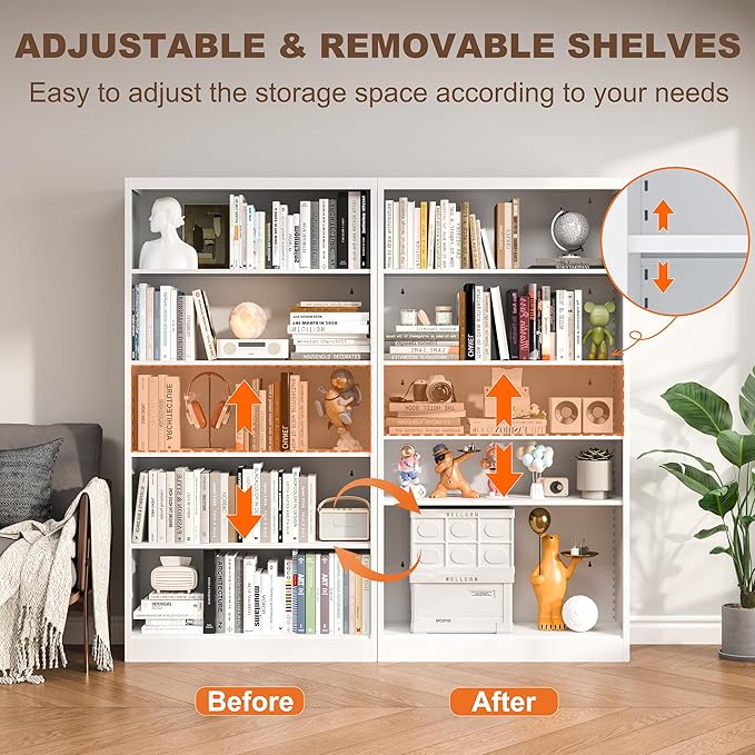 White Bookshelf, 55” Adjustable Tall Metal Bookshelf, 5-Tier Wide Bookshelf with Anti-Tilt Device, Modern Book Cases and Book Shelves for Bedroom, Living Room, Playroom, Study-Ruum Studio Home