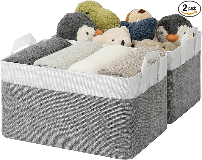 GRANNY SAYS Storage Baskets for Shelves, Closet Organizer Bins, Clothes Storage Bins with Metal Frame, Large Baskets for Organizing and Storage, Collapsible, Gray&White, 2-Pack-Ruum Studio Home