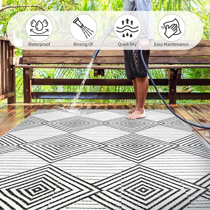 Waterproof Outdoor Rug 8x10ft, Foldable Reversible Plastic Straw Mat for Patio RV Deck Porch Backyard Balcony Camping Picnic Beach Indoor Outdoor Carpet, Black&White-Ruum Studio Home