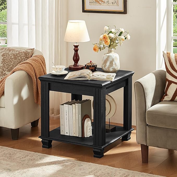 Farmhouse End Table,Large Side Table with 2-Tier Storage Shelf,Rustic Wood End Tables for Living Room,Square Tea Table,Black-Ruum Studio Home