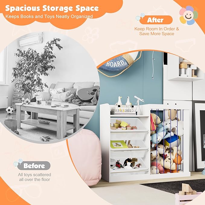 Kids Toy Storage Organizer with 3 Removable Plastic Bins Toddler Montessori Bookshelf with Stuffed Animal Net Holder Baby Bookcase Plush Organizer for Playroom,Bedroom,Kids Room,Classroom,Nursery-Ruum Studio Home