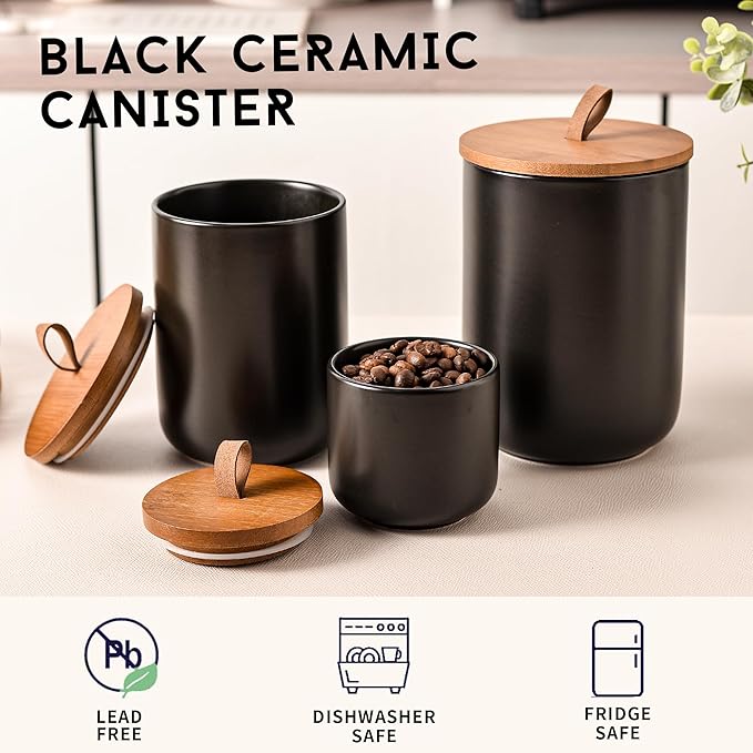 Black Ceramic Canister Set with Bamboo Lids, 3-Piece Airtight Food Storage Jars for Kitchen - Flour, Sugar, Coffee, Tea, Spice - Small, Medium, Large Sizes-Ruum Studio Home