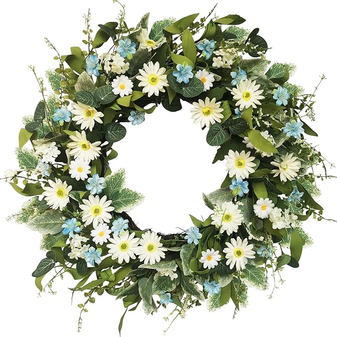 24 Inch Wreaths for Front Door, Large Spring Summer Artifiical Wreath with Blue White Daisy Flower, All Season Floral Wreaths for Porch Window Wall Decor Outside Indoor Outdoor Decorations-Ruum Studio Home